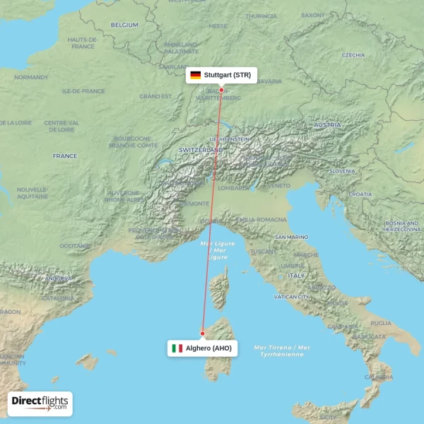 Alghero - Stuttgart direct flight map