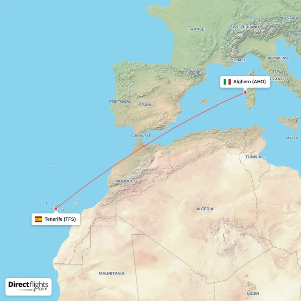 Alghero - Tenerife direct flight map
