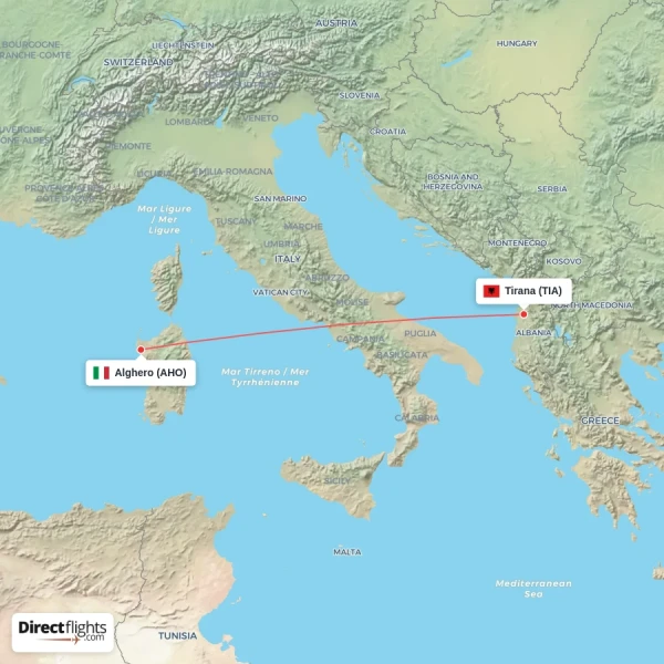 Alghero - Tirana direct flight map
