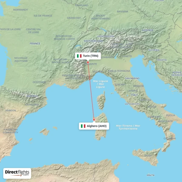 Alghero - Turin direct flight map