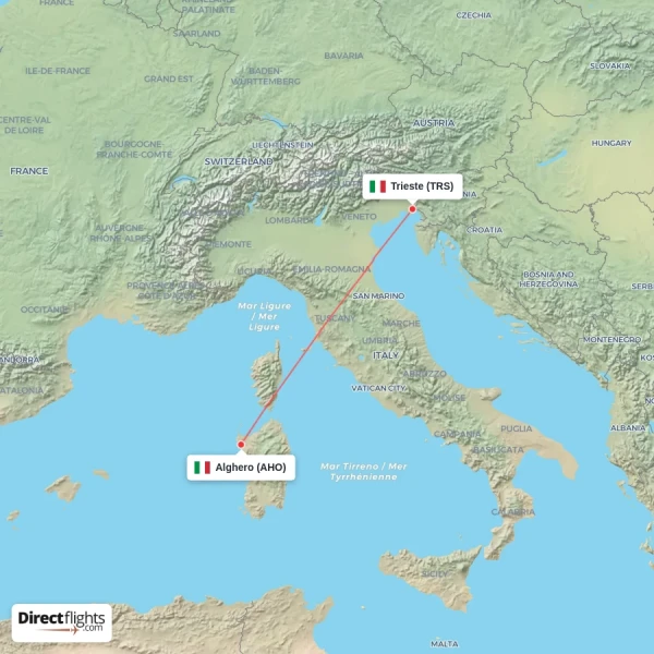 Alghero - Trieste direct flight map