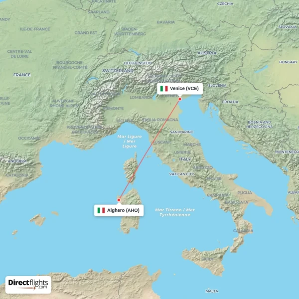 Alghero - Venice direct flight map