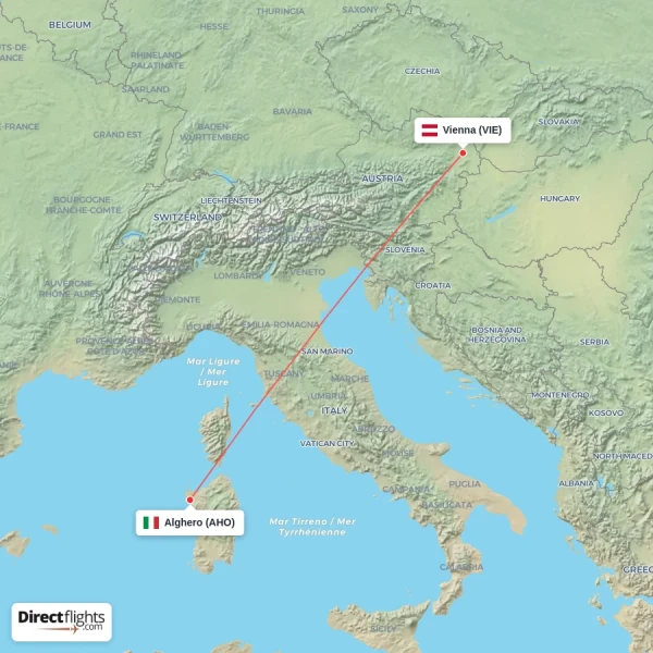 Alghero - Vienna direct flight map