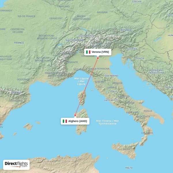 Alghero - Verona direct flight map