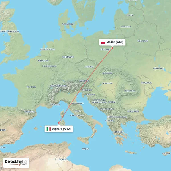 Alghero - Modlin direct flight map