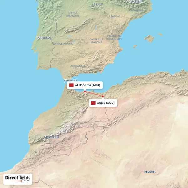Al Hoceima - Oujda direct flight map