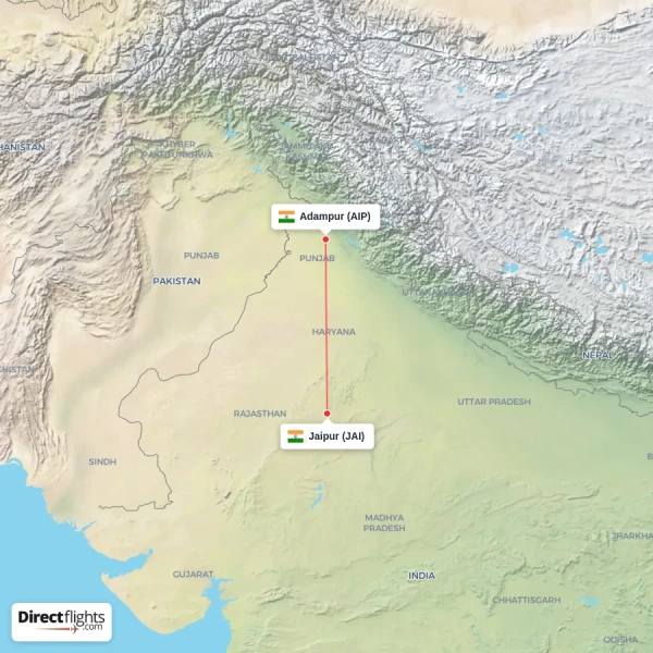 Adampur - Jaipur direct flight map