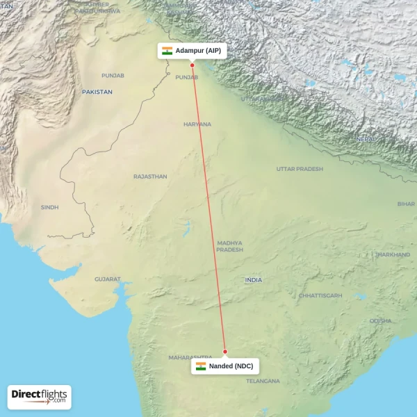 Adampur - Nanded direct flight map
