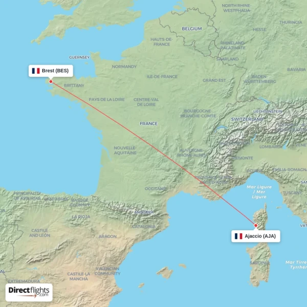 Ajaccio - Brest direct flight map