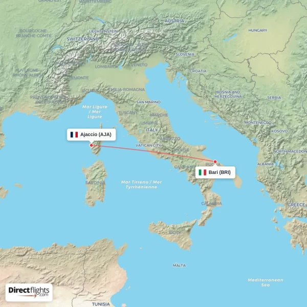 Ajaccio - Bari direct flight map