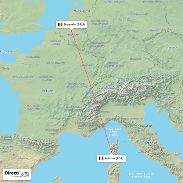 Ajaccio - Brussels direct flight map