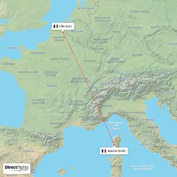 Ajaccio - Lille direct flight map