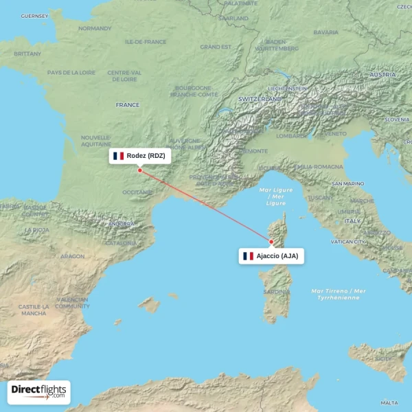 Ajaccio - Rodez direct flight map