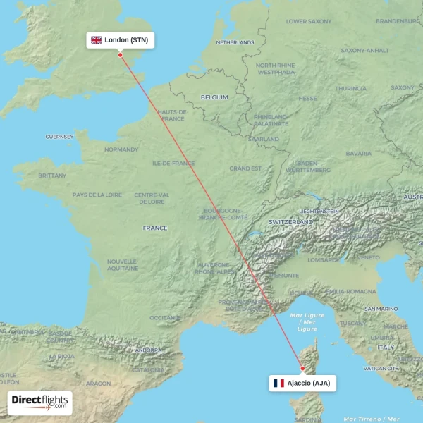 Ajaccio - London direct flight map