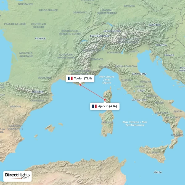 Ajaccio - Toulon direct flight map