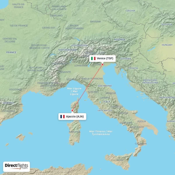 Ajaccio - Venice direct flight map