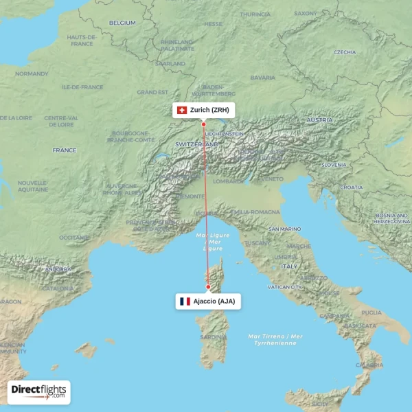 Ajaccio - Zurich direct flight map