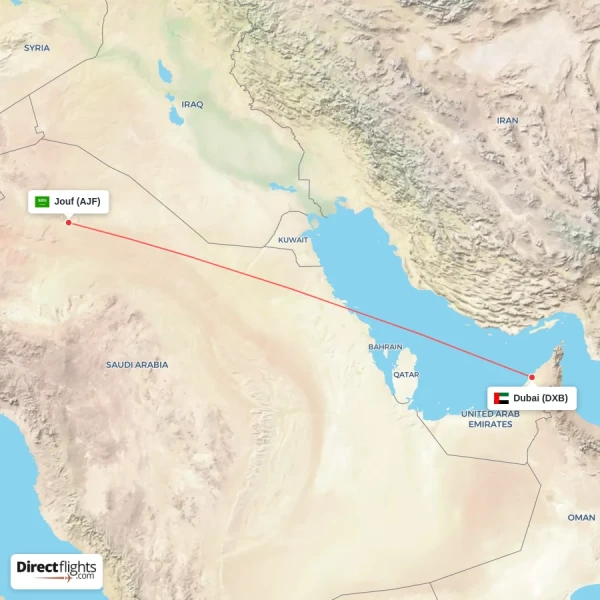 Jouf - Dubai direct flight map