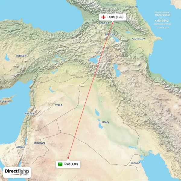Jouf - Tbilisi direct flight map