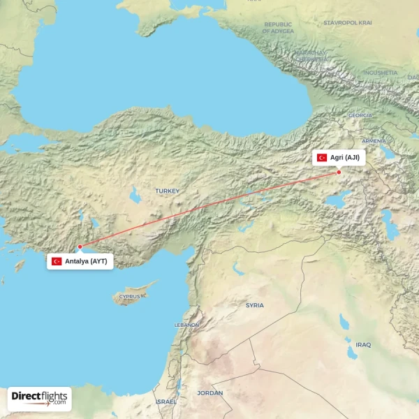 Agri - Antalya direct flight map
