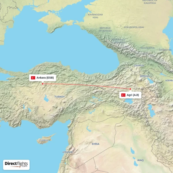 Agri - Ankara direct flight map