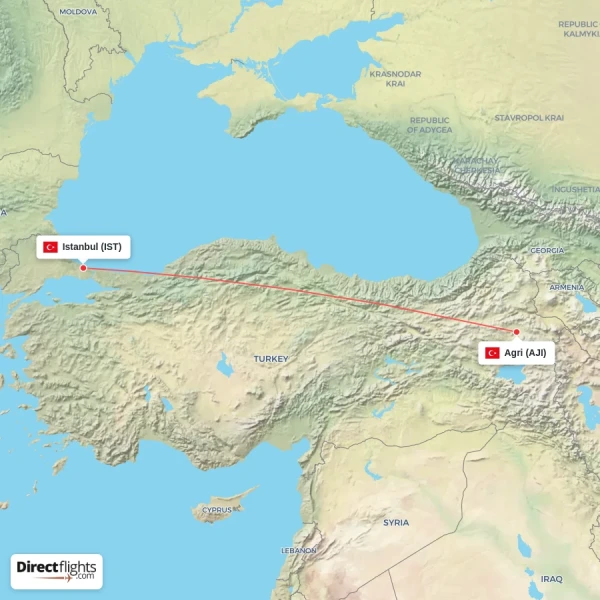 Agri - Istanbul direct flight map