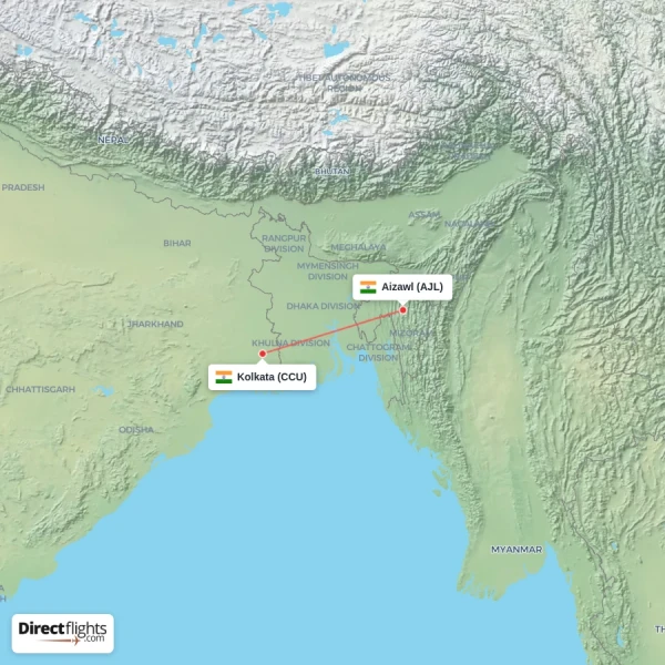 Aizawl - Kolkata direct flight map