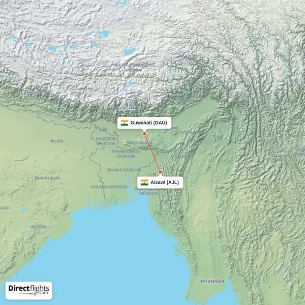 Aizawl - Guwahati direct flight map