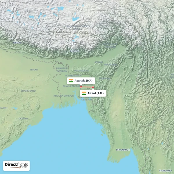 Aizawl - Agartala direct flight map