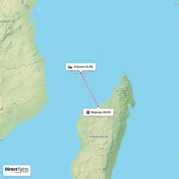 Anjouan - Majunga direct flight map