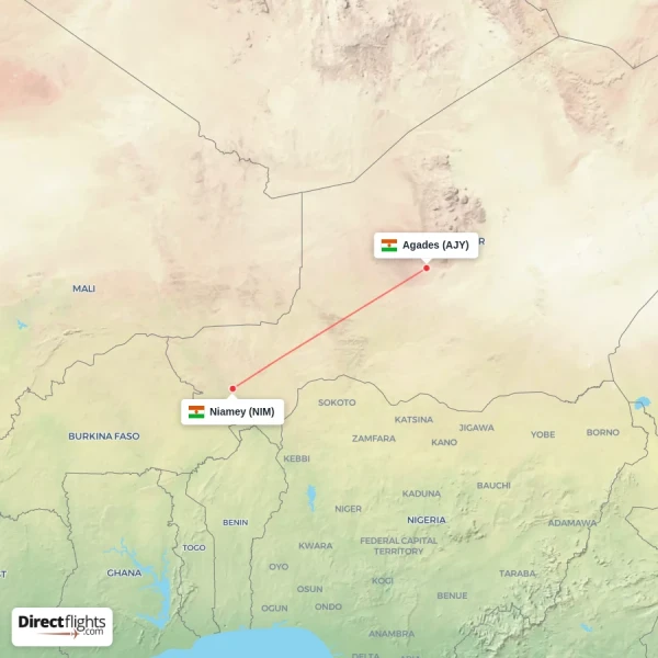 Agades - Niamey direct flight map