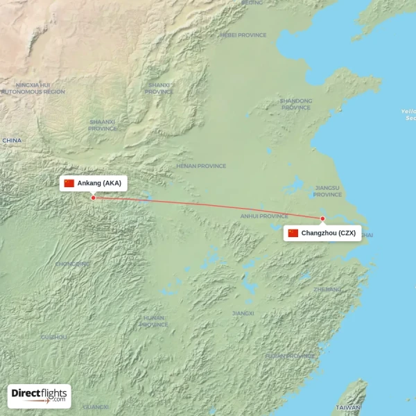 Ankang - Changzhou direct flight map