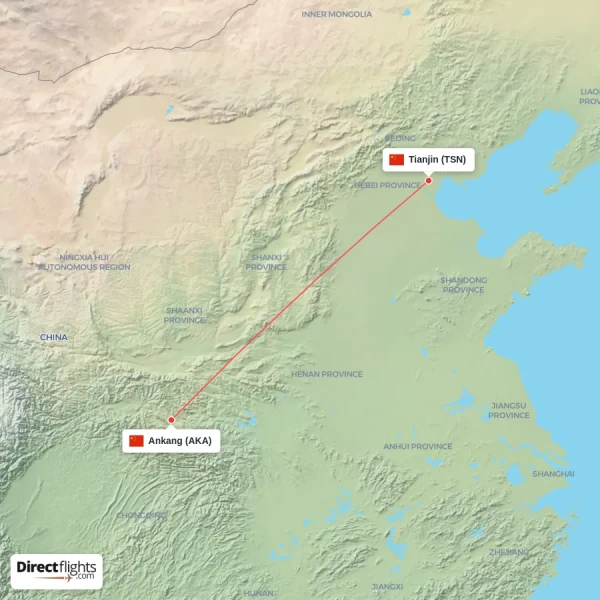 Ankang - Tianjin direct flight map