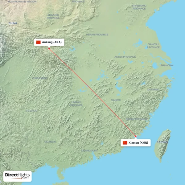 Ankang - Xiamen direct flight map