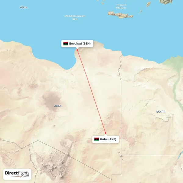Kufra - Benghazi direct flight map