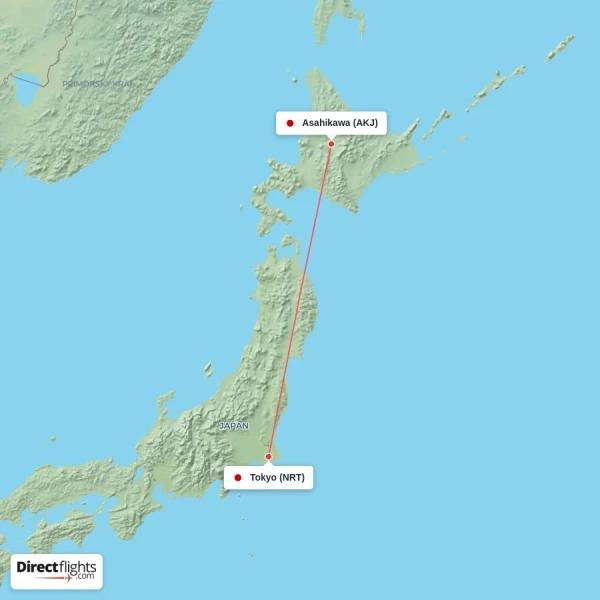 Asahikawa - Tokyo direct flight map