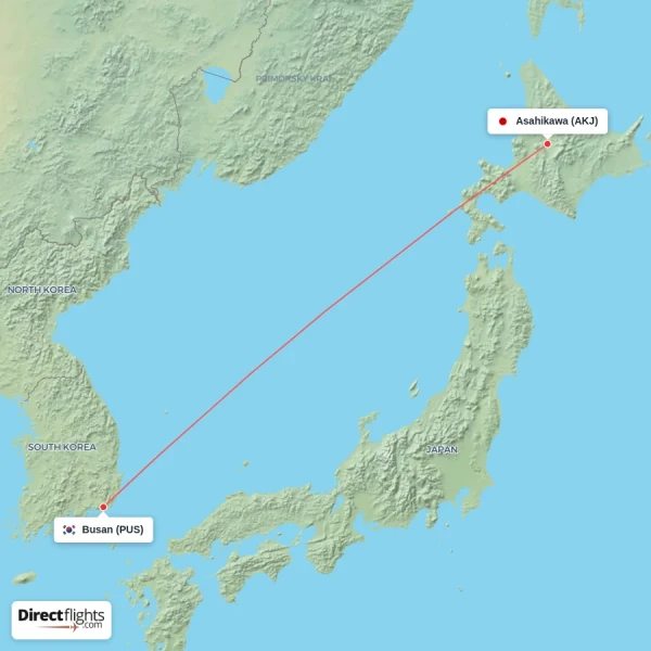 Asahikawa - Busan direct flight map