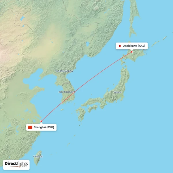Asahikawa - Shanghai direct flight map