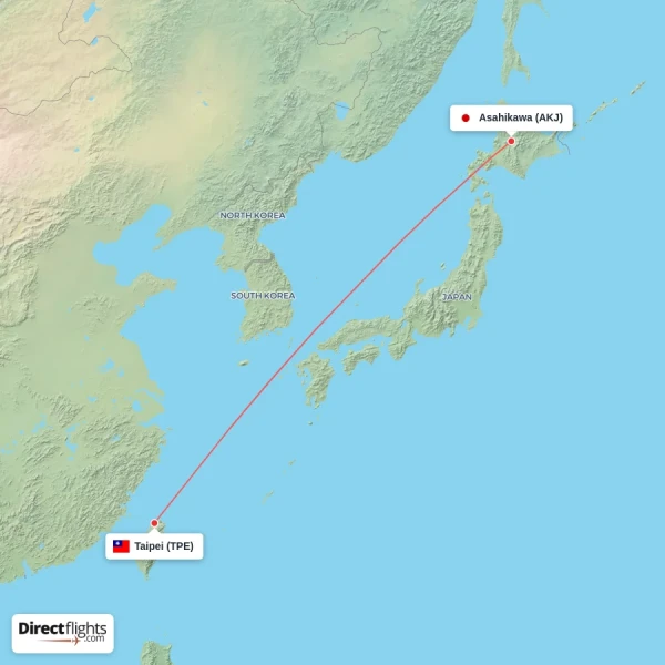 Asahikawa - Taipei direct flight map