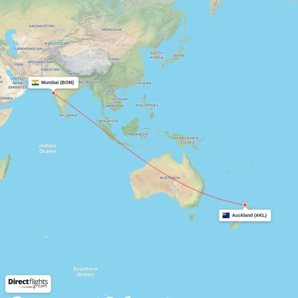 Auckland - Mumbai direct flight map