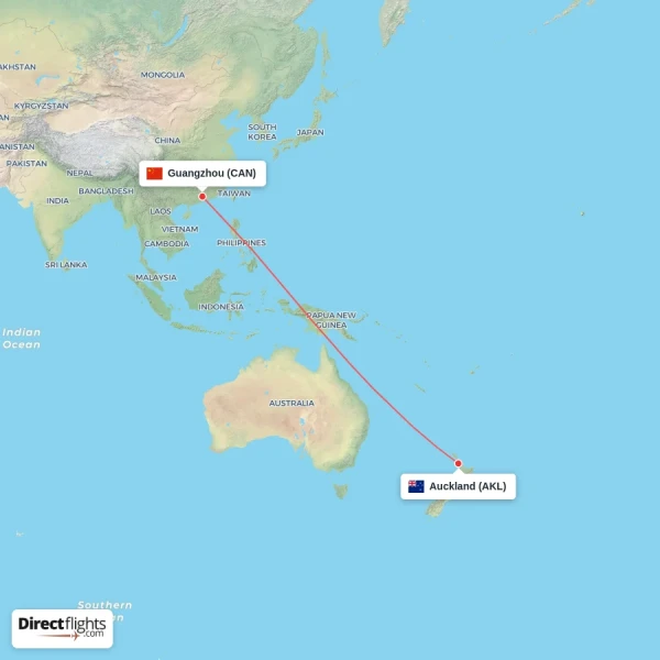 Auckland - Guangzhou direct flight map