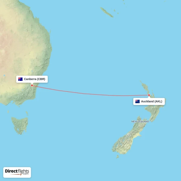 Auckland - Canberra direct flight map