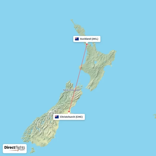 Auckland - Christchurch direct flight map