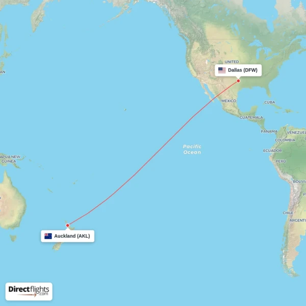 Auckland - Dallas direct flight map