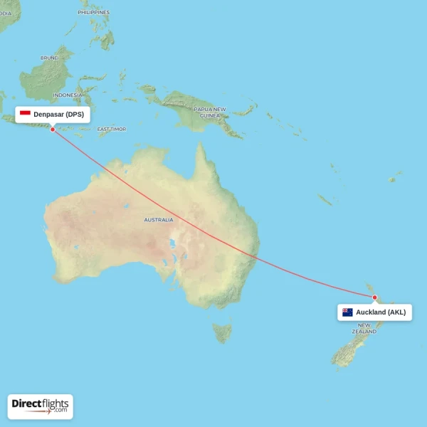 Auckland - Denpasar direct flight map