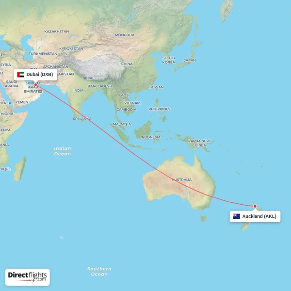 Auckland - Dubai direct flight map