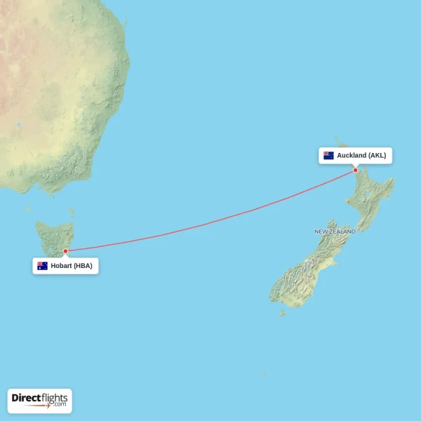 Auckland - Hobart direct flight map