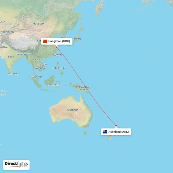 Auckland - Hangzhou direct flight map