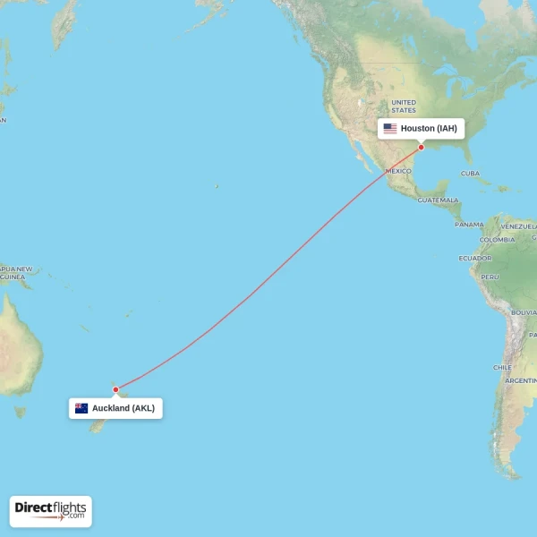 Auckland - Houston direct flight map