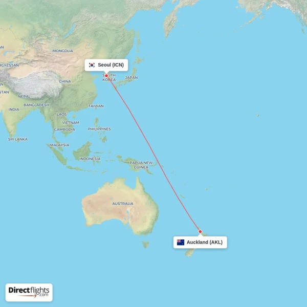 Auckland - Seoul direct flight map